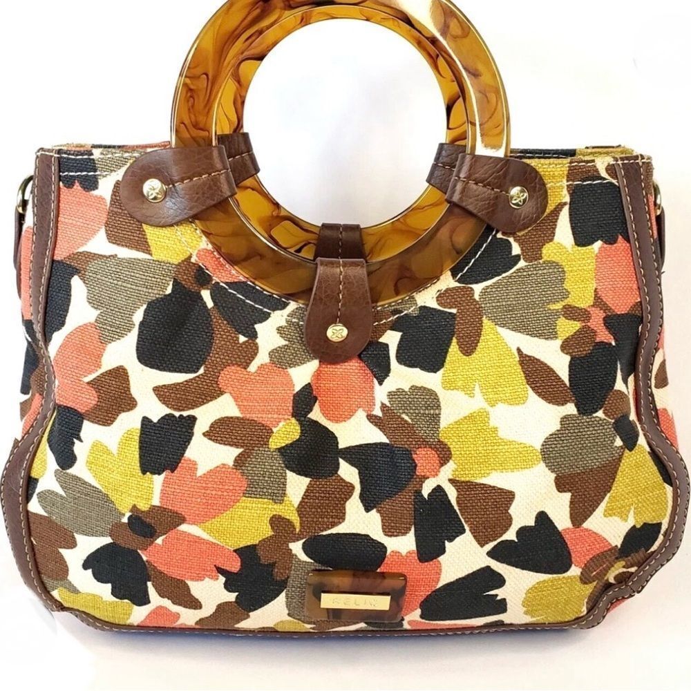 Relic Colorful Floral Fabric Faux Leather Ring Handle Handbag New no strap